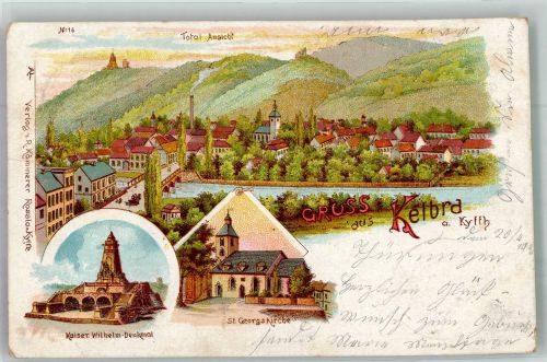 06537 O4712 Kelbra 1900 Lithographie Kaiser Wilhelm-Denkmal St. Georgskirche