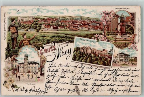 55232 W6508 Alzey 1898 Lithographie Rathaus Burgruine Alzey Bahnhof Kriegerdenkmal