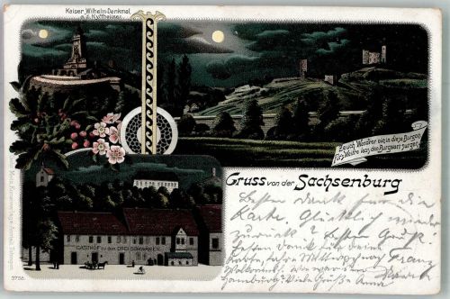 06578 O4731 Sachsenburg b Artern 1900 Lithographie / Mondschein Sachsenburg Kaiser Wilhelm-Denkmal Gasthaus zu den Drei Schwänen