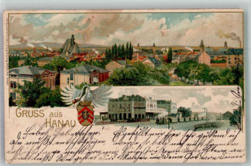 63450 W6450 Hanau 1901 Lithographie / Künstlerkarte Wappen Bahnhof signiert Bahnpost Eisenach-Frankfurt