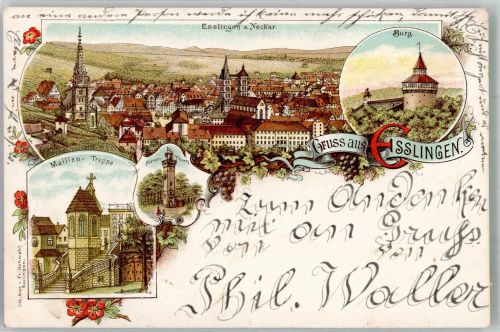 73728 W7300 Esslingen am Neckar Lithographie Burg Esslingen Maillen-Turm Kernen-Turm
