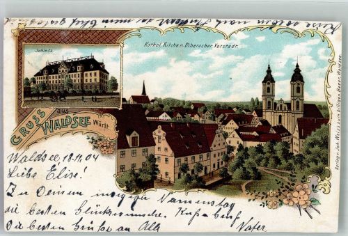 88339 W7967 Bad Waldsee 1904 Lithographie Schloss Kath. Kirche Biberacher Vorstadt