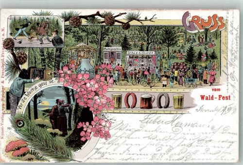 60308 W6000 Frankfurt am Main 1897 Lithographie Frankfurter Waldfest Festgelände Festbuden Würstchen Fliegenpilze Ort lt. Stempel