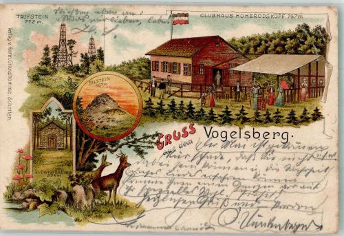 63679 W6479 Breungeshain , Hess 1901 Lithographie Clubhaus Hoherodskopf Aussichtsturm Taufstein Bilstein Ludwigsbrunnen Rehe RS. Clubhausstempel