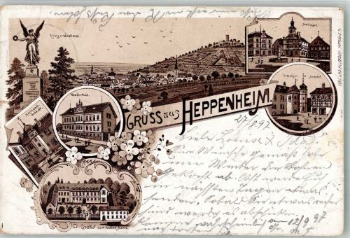 64646 W6148 Heppenheim Bergstraße 1897 Lithographie Marktplatz Kriegerdenkmal Gasthaus zum halben Mond Amtshof