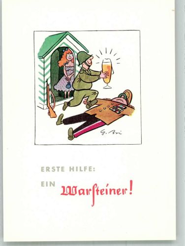 Warsteiner Erste Hilfe Humor Wachtposten sign. Gerd Brinkmann Werbung Bier 1960 Künstlerkarte