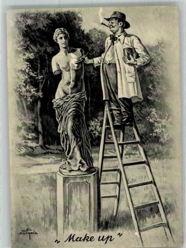 Karikatur E. Saalfeld Make up für die Statue Erotik Humor Künstlerkarte