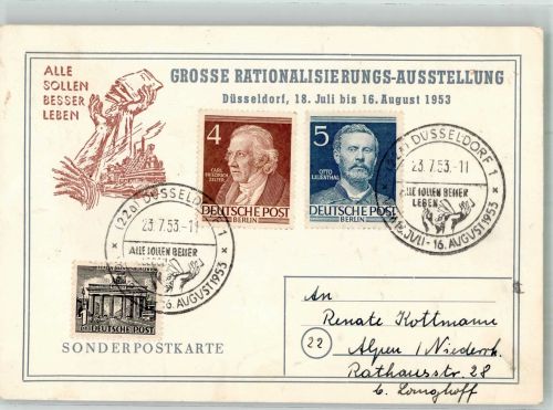 W4000 Düsseldorf Große Rationalisierungs-Ausstellung Sonderkarte Sonderstempel 1953