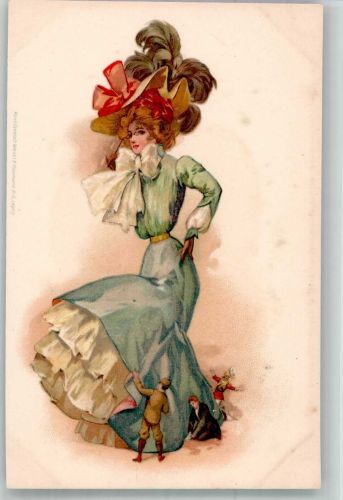 Mini Männer verehren die elegante Frau Verlag Wezel & Naumann Mode 1900 Lithographie / Künstlerkarte