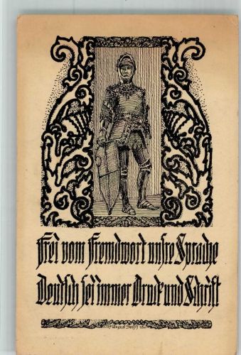 Ritter in Rüstung mit Schild Sprachpurismus keine fremden Elemente in der Sprache Heimgarten Verlag Weimarer Republik 1921