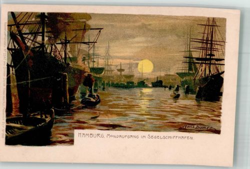 W2000 Hamburg Mondaufgang im Segelschiffhafen Zieher, Ottmar Nr. 2547 Diemer, Z. 1899 Lithographie / Künstlerkarte