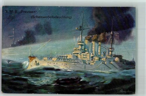 SMS Preussen Scheinwerferbeleuchtung Marine WK I 1908 Künstlerkarte
