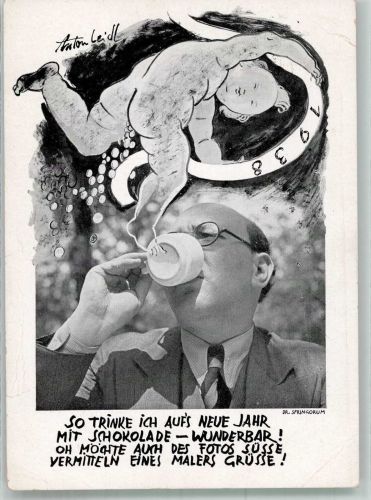 sign. Anton Leidl Neujahr Schokolade trinken Jahreszahl 1938 Gebrauchsspuren