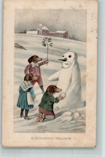 Hunde Dackel vermenschlicht Neujahr Schneemann Gebrauchsspuren