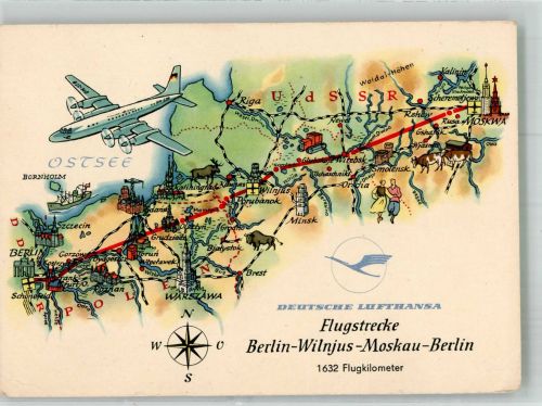 Nr. 10 Interflug Zeichnung A. Hoppe Flugstrecke Berlin-Moskau Fluglinie 1961 Gebrauchsspuren