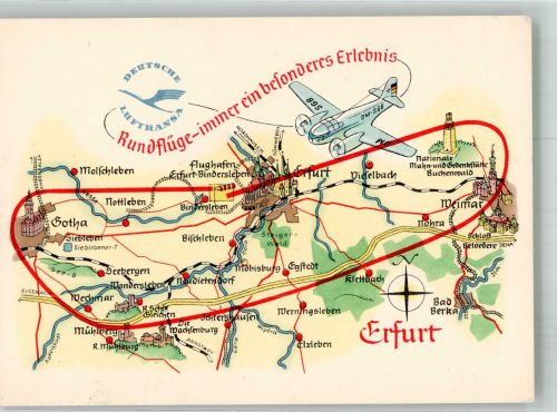O5000 Erfurt Flugstrecke Erfurt Rundflug Nr. 10 Zeichnung A. Hoppe Lufthansa 1959 Gebrauchsspuren