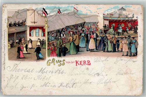 Gruss von der Kerb Lithographie Karussell - Oberflächenschaden Jahrmarkt 1901 Gebrauchsspuren