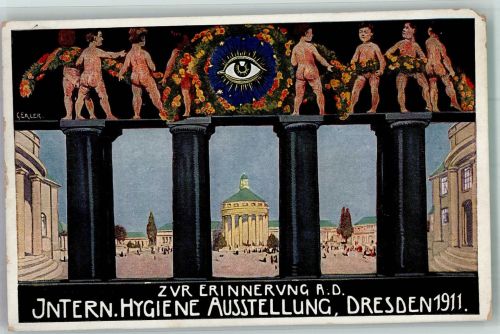 O8000 Dresden Festkarte Nr. 64 Hygiene Ausst. + SST Gewerbeausstellung 1911 Gebrauchsspuren