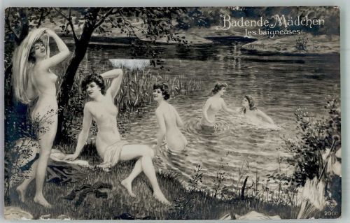 5 Badende Mädchen nackt am See FKK Gebrauchsspuren