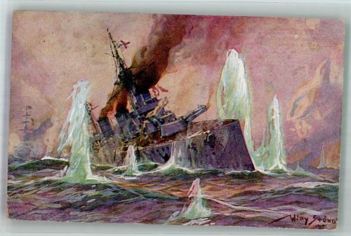 sign. Stöwer, Willy Englischer Schlachtkreuzer im Salvenfeuer deutscher Kreuzer Kolonialkriegerdank Nr. 10 Feldpost WK I Marine WK I 1918 Künstlerkarte
