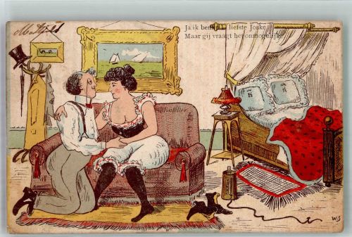 Mann auf Knien vor seiner Angebeteten in Unterwäsche Humor 1917 Künstlerkarte