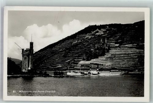 W6530 Bingen am Rhein Raddampfer vor Mäuseturm und Burgruine Ehrenfels Rheinschiff Foto AK