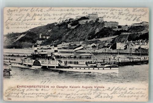 W5400 Ehrenbreitstein Raddampfer Kaiserin Auguste Victoria passiert die Pontonbrücke Rheinschiff 1905