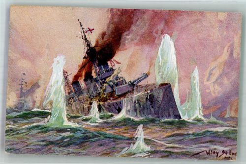 Englischer Schlachtkreuzer im Salvenfeuer deutscher Kreuzer WK I Kolonialkriegerdank Nr. 10 Stöwer, W. Künstlerkarte