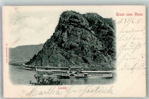 W5421 Loreley Raddampfer unterhalb des berühmten Felsens Rheinschiff 1901 Foto AK