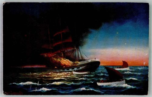 Die Mannschaft verlässt auf den Beibooten ein brennendes Segelschiff T.S.N. Serie 1418 Seenotrettung Künstlerkarte