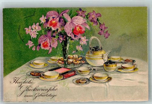 Gedeckter Kaffeetisch mit Blumenstrauß Porzellan und Kuchen Geburtstag 1931 Künstlerkarte