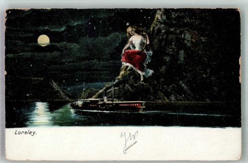W5421 Loreley Raddampfer unterhalb des Felsens mit einer schönen blonden Frau mit Harfe Verlag Zieher, Ottmar Rheinschiff Mondschein