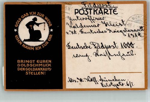 Goldankaufsstellen Gold gab ich zur Wehr Eisen nahm ich zur Ehr WK I Kriegsnot 1917 Künstlerkarte