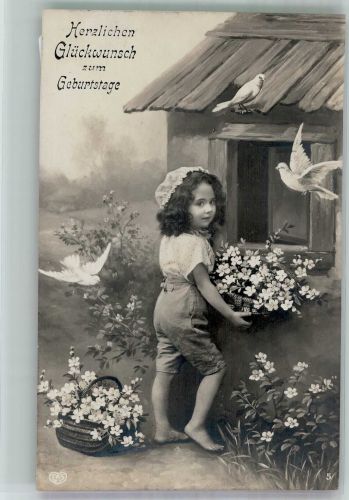Kleines Mädchen mit Blumen und weißen Tauben E.A.S. 5 Geburtstag 1909