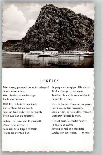 W5421 Loreley Raddampfer unterhalb des berühmten Felsens mit Gedicht auf französisch von Heinrich Heine Rheinschiff Foto AK