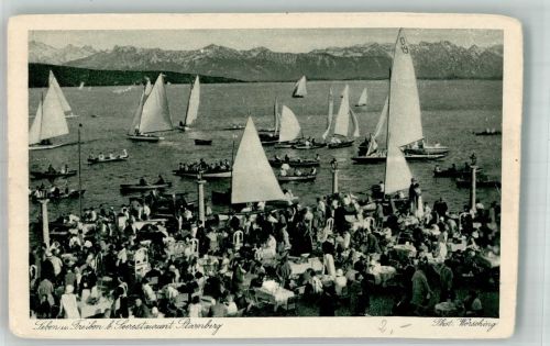 82319 W8130 Starnberg Gebrauchsspuren Leben und Treiben Seerestaurant Starnberg Gasthaus Segelboot Foto AK