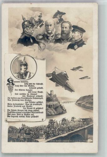 Portraits vergangener Könige und Heerführer über einem Militär-Luftschiff und vorrückenden Kolonnen Patriotik WK I Zeppelin 1914 Künstlerkarte