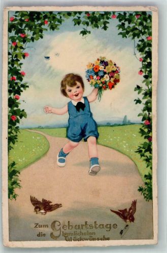 Kleiner Junge mit bunten Blumenstrauß Erika Nr. 3118 Geburtstag Künstlerkarte