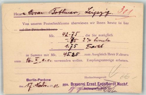 10115 O1100 Pankow 1911 Gebrauchsspuren Brauerei Enst Engelhardt Nota
