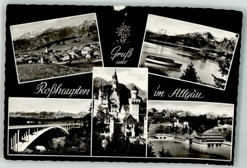 87672 W8959 Roßhaupten , Forggensee Gebrauchsspuren Schloss Neuschwanstein Brücke Gruß Allgäu Foto AK