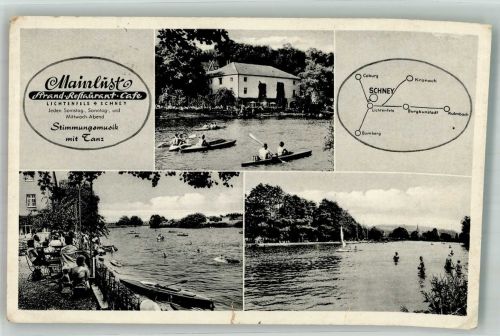 96215 W8620 Schney Gebrauchsspuren Mainlust Strand Restaurant Tanz Cafe Gasthaus Ruderboot