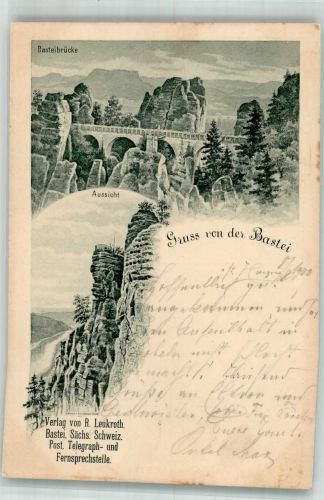 01847 O8351 Bastei 1900 Gebrauchsspuren Basteibrücke Felsen Gruss