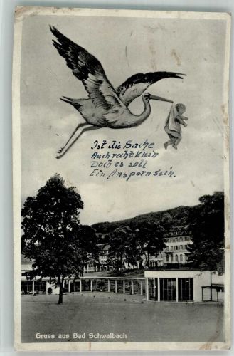 65307 W6208 Bad Schwalbach Gebrauchsspuren Storch Baby Gruss