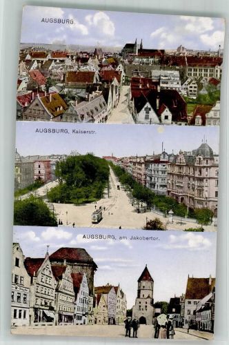 86150 W8900 Augsburg , Bay 1915 Lithographie Kaiserstraße Jakobertor Straßenbahn Kirche Turm Geschäft