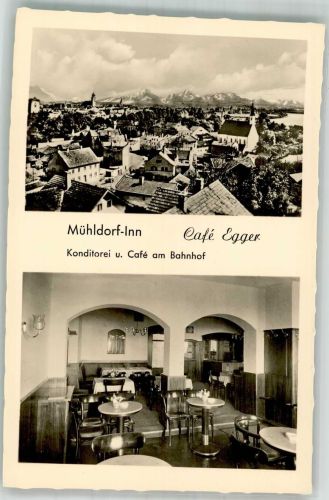 84453 W8260 Mühldorf a. Inn Foto AK Cafe Egger Konditorei Bahnhof Kirche