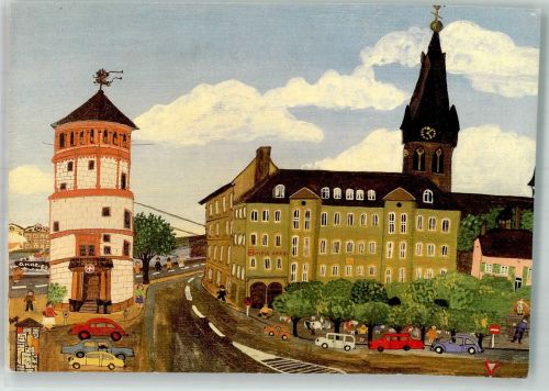 40210 W4000 Düsseldorf Künstlerkarte Am alten Schloßturm Auto Litfaßsäule Kirche Anne Kopp