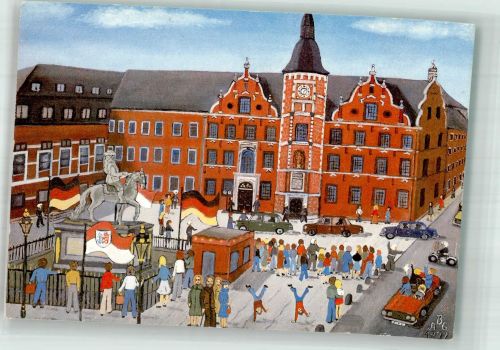 40210 W4000 Düsseldorf Künstlerkarte Marktplatz Rathaus Jan Wellem Denkmal Auto Fahnen Anneliese Burmeister