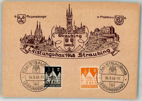 94315 W8440 Straubing Künstlerkarte Leistungschau 1948 Regensburg Passau Wappen