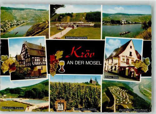 54536 W5563 Kröv Foto AK Panorama des Ortes Drei-Giebel-Haus Schwimmbad Schiffsanlegestelle Gasthaus Ritter Götz Feriendorf Mont-Royal Herz-Jesu-Kapelle