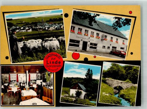 54497 W5552 Gonzerath Foto AK Panorama des Ortes mit Gasthaus zur Linde Schafe Wassermühle